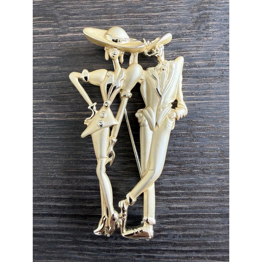Vintage Gold Tone Abstract Couple Brooch Art Deco Style Figural Pin